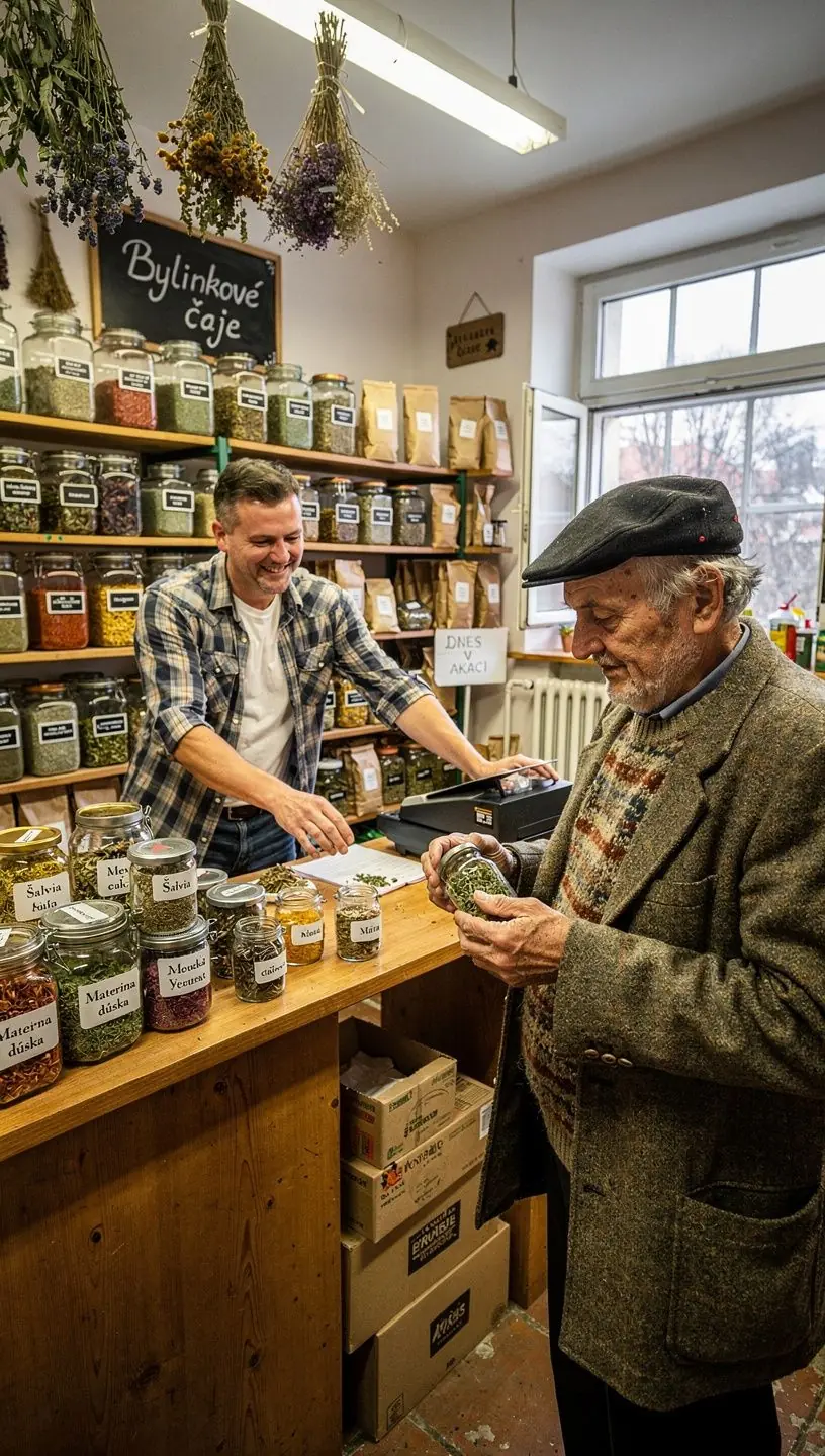 Tradičný čajový obrad s rodinou pri stole v slovenskej chalúpke.