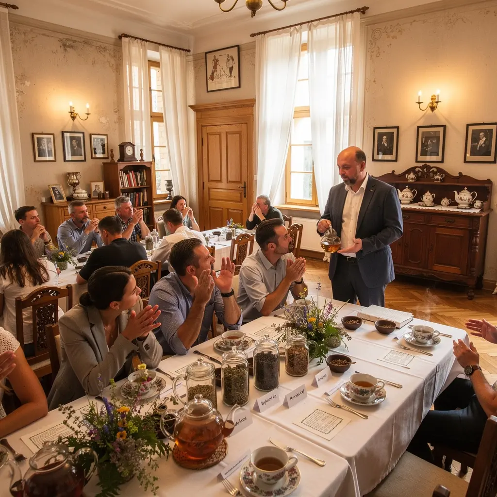 Pohár horúceho bylinkového čaju s čerstvými mätovými listami na stole.