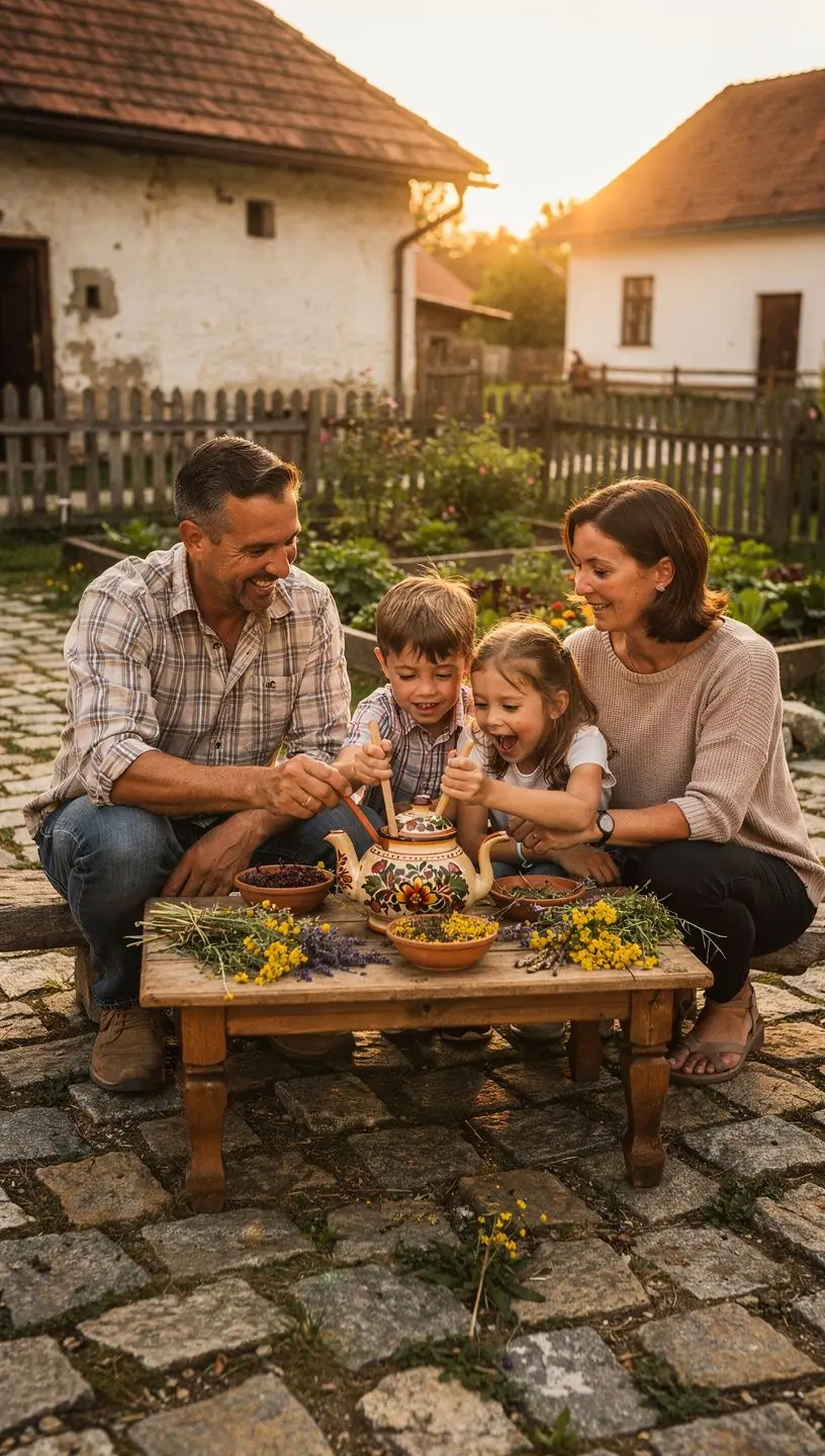 Skupina ľudí vychutnávajúca si čaj v prírode počas slnečného dňa.